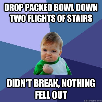 drop packed bowl down two flights of stairs Didn't break, Nothing fell out  Success Kid