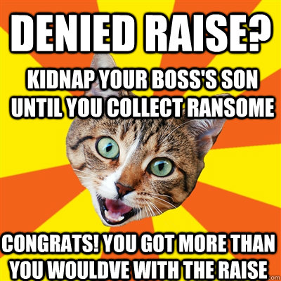 denied raise? kidnap your boss's son until you collect ransome Congrats! you got more than you wouldve with the raise  Bad Advice Cat