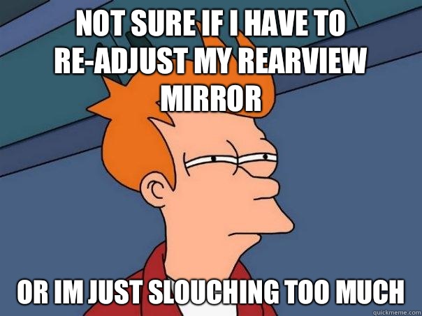 NOT SURE IF I HAVE TO RE-ADJUST MY REARVIEW MIRROR OR IM JUST SLOUCHING TOO MUCH  Futurama Fry