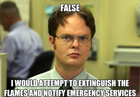 False I would attempt to extinguish the flames and notify emergency services  Dwight