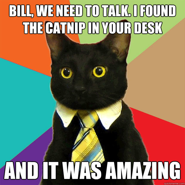 Bill, we need to talk. I found the catnip in your desk AND IT WAS AMAZING  Business Cat