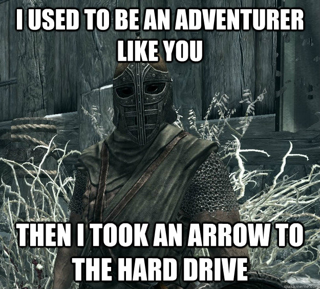 I used to be an adventurer like you Then I Took an arrow to the hard drive - I used to be an adventurer like you Then I Took an arrow to the hard drive  Skyrim Guard