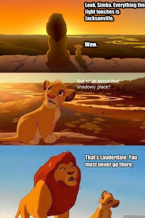 Look, Simba. Everything the light touches is Jacksonville. Wow. That's Lauderdale. You must never go there, Simba.   Lion King Shadowy Place