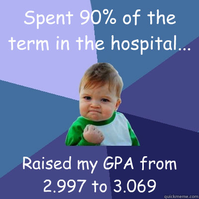 Spent 90% of the term in the hospital... Raised my GPA from 2.997 to 3.069  Success Kid