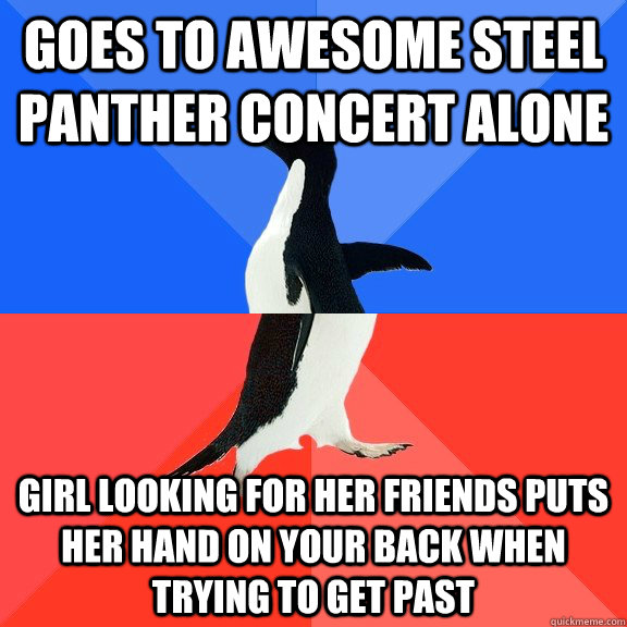 Goes to awesome Steel Panther concert alone girl looking for her friends puts her hand on your back when trying to get past  Socially Awkward Awesome Penguin