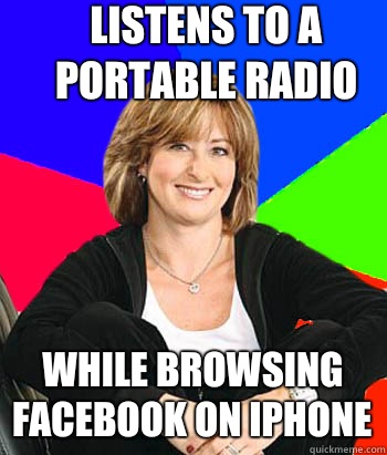 Listens to a portable radio While browsing Facebook on iphone  Sheltering Suburban Mom