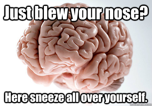 Just blew your nose? Here sneeze all over yourself. - Just blew your nose? Here sneeze all over yourself.  Scumbag Brain