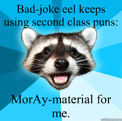 Bad-joke eel keeps using second class puns: MorAy-material for me.  Lame Pun Coon