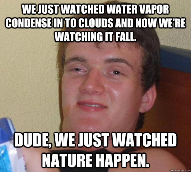 we just watched water vapor condense in to clouds and now we're watching it fall. Dude, we just watched nature happen.  10 Guy