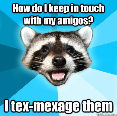 How do I keep in touch with my amigos? I tex-mexage them - How do I keep in touch with my amigos? I tex-mexage them  Lame Pun Coon