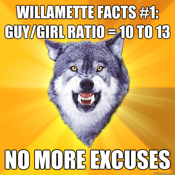 WILLAMETTE FACTS #1:
Guy/Girl ratio = 10 to 13 no more excuses  Courage Wolf