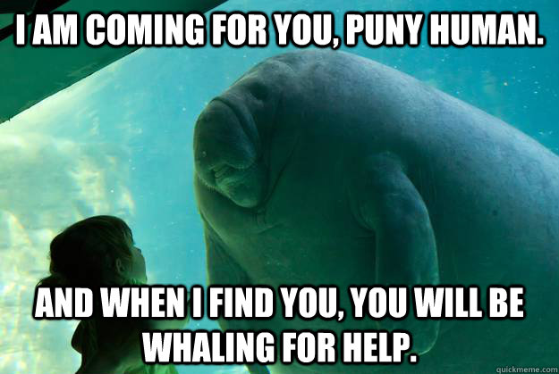 I am coming for you, puny human.  And when I find you, you will be whaling for help.  Overlord Manatee