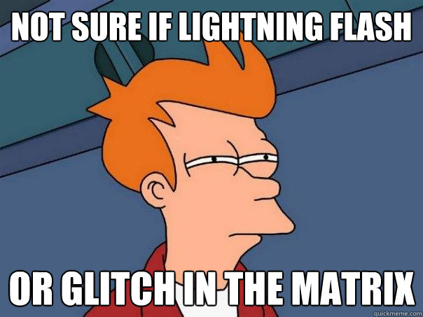 not sure if lightning flash or glitch in the matrix - not sure if lightning flash or glitch in the matrix  Futurama Fry