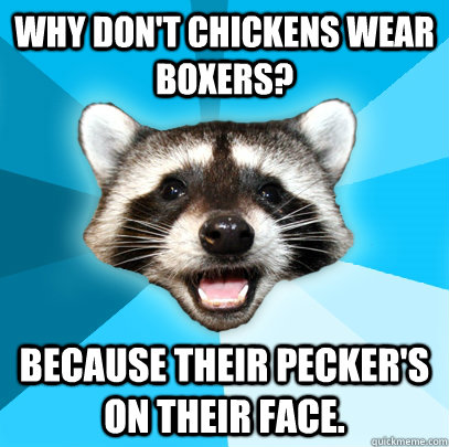 Why don't chickens wear boxers? Because their pecker's on their face.  Lame Pun Coon