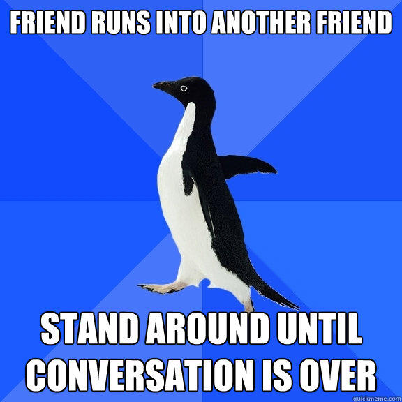 friend runs into another friend stand around until conversation is over - friend runs into another friend stand around until conversation is over  Socially Awkward Penguin