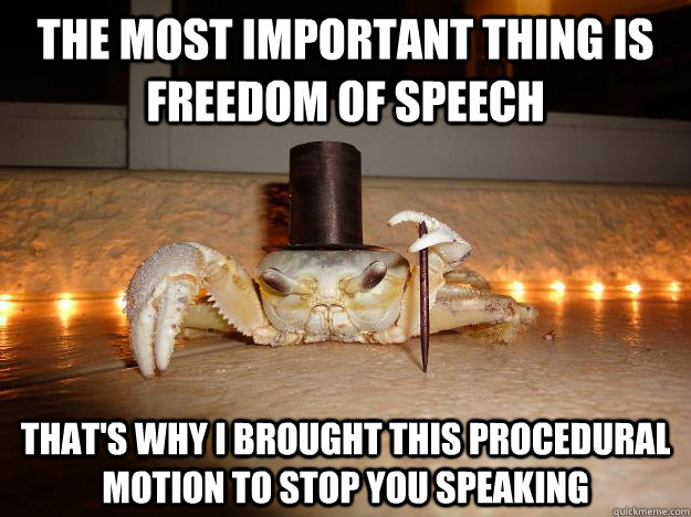 the most important thing is freedom of speech that's why i brought this procedural motion to stop you speaking  Fancy Crab