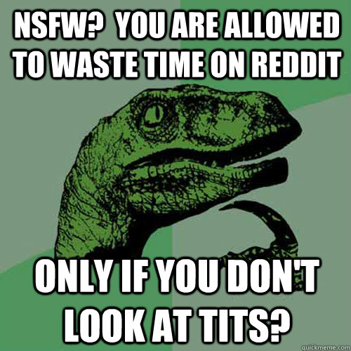 NSFW?  You are allowed to waste time on reddit only if you don't look at tits?  Philosoraptor