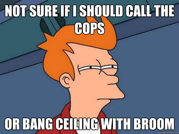 Not sure if I should call the cops or bang ceiling with broom - Not sure if I should call the cops or bang ceiling with broom  Futurama Fry