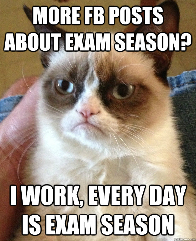 More FB posts about exam season? I work, every day is exam season  Grumpy Cat