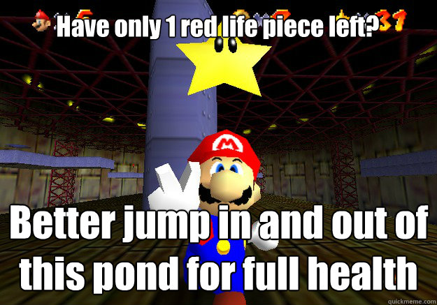 Have only 1 red life piece left? Better jump in and out of 
this pond for full health Caption 3 goes here  Super Mario 64