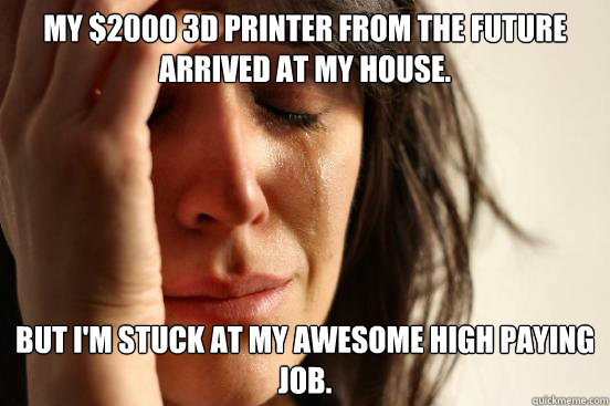 My $2000 3D printer from the future arrived at my house. but i'm stuck at my awesome high paying job.  First World Problems