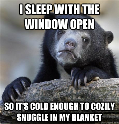 I sleep with the window open so it's cold enough to cozily snuggle in my blanket  Confession Bear