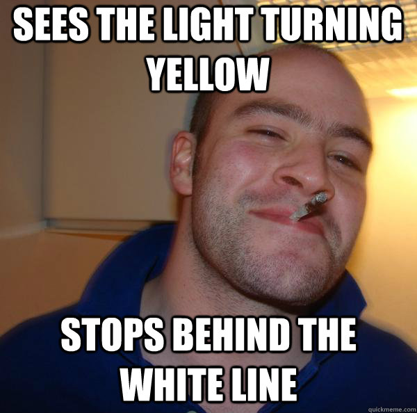 sees the light turning yellow stops behind the white line - sees the light turning yellow stops behind the white line  Misc