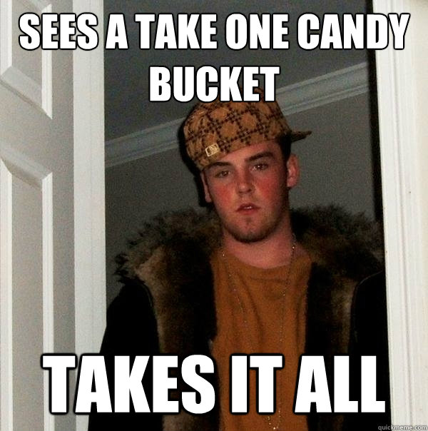 Sees a take one candy bucket Takes it all - Sees a take one candy bucket Takes it all  Scumbag Steve