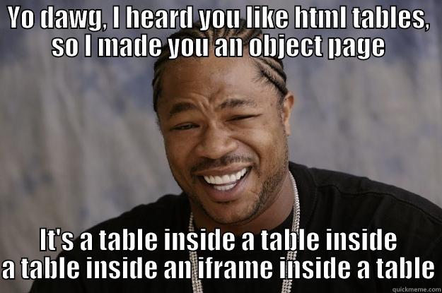 YO DAWG, I HEARD YOU LIKE HTML TABLES, SO I MADE YOU AN OBJECT PAGE IT'S A TABLE INSIDE A TABLE INSIDE A TABLE INSIDE AN IFRAME INSIDE A TABLE Xzibit meme