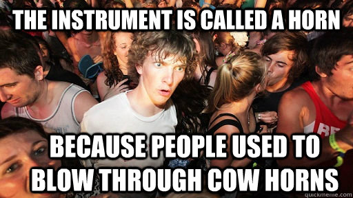 the instrument is called a horn because people used to blow through cow horns - the instrument is called a horn because people used to blow through cow horns  Sudden Clarity Clarence