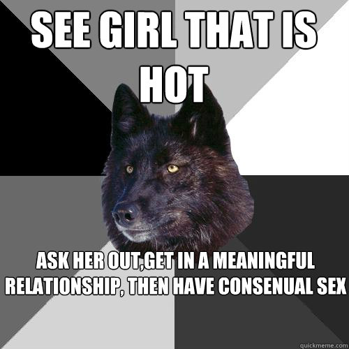 see girl that is hot ask her out,get in a meaningful relationship, then have consenual sex  Sanity Wolf