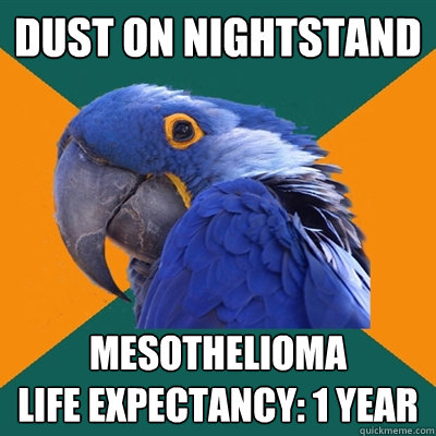 dust on nightstand mesothelioma
life expectancy: 1 year  Paranoid Parrot