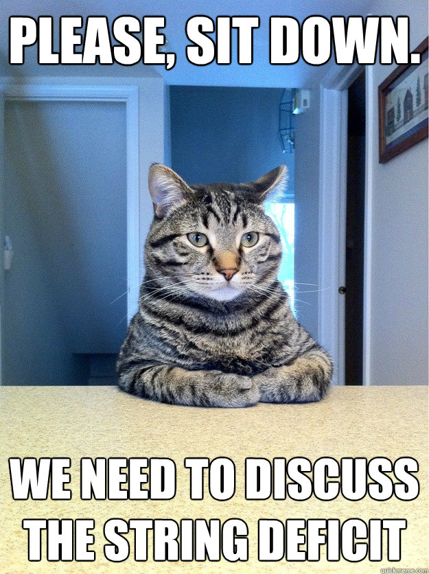 please, sit down. we need to discuss the string deficit  Chris Hansen Cat