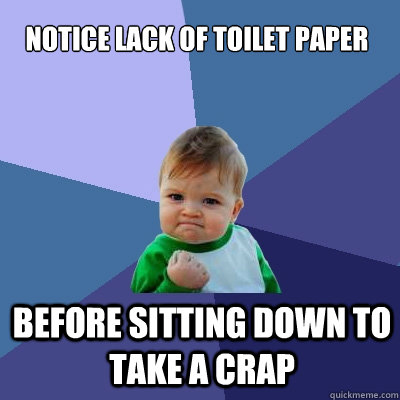 notice lack of toilet paper before sitting down to take a crap  Success Kid