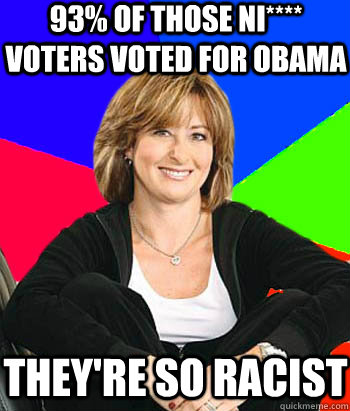 93% of those Ni**** voters voted for OBAMA they're so racist - 93% of those Ni**** voters voted for OBAMA they're so racist  Sheltering Suburban Mom