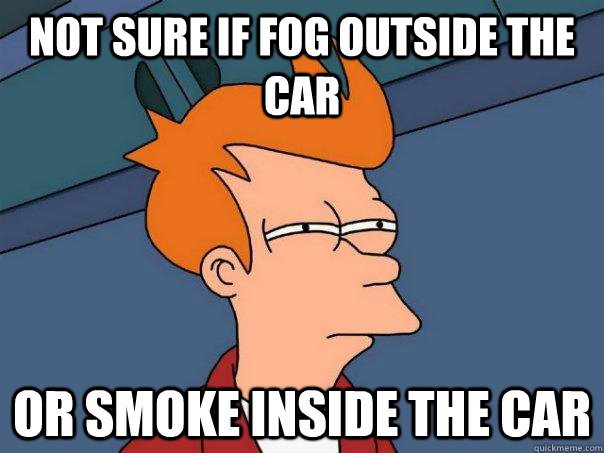 Not sure if fog outside the car Or smoke inside the car  Futurama Fry