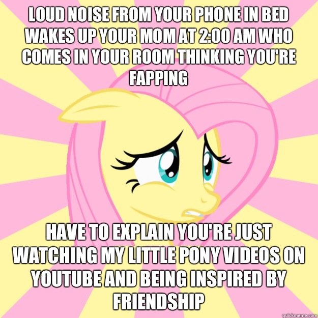 Loud noise from your phone in bed wakes up your mom at 2:00 AM who comes in your room thinking you're fapping Have to explain you're just watching My Little Pony videos on YouTube and being inspired by friendship  Socially awkward brony