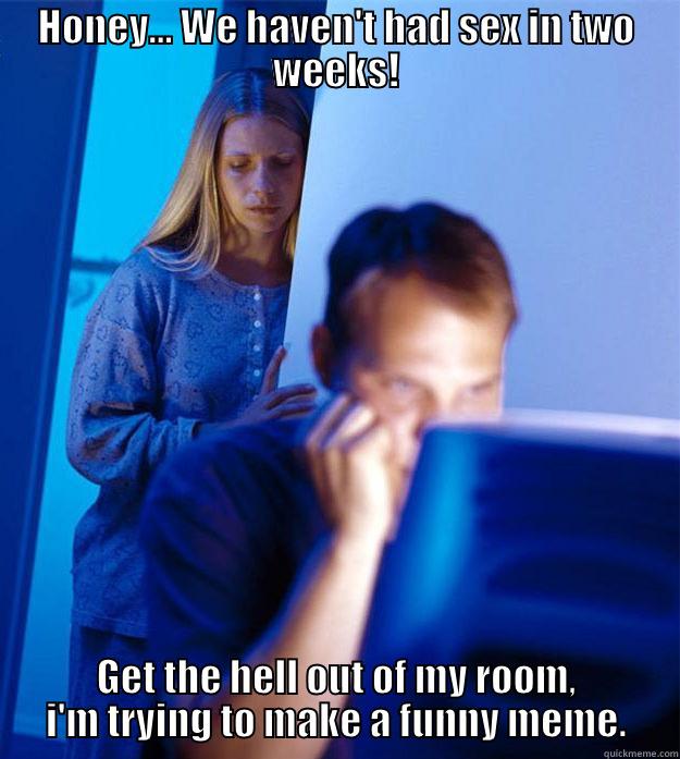 HONEY... WE HAVEN'T HAD SEX IN TWO WEEKS! GET THE HELL OUT OF MY ROOM, I'M TRYING TO MAKE A FUNNY MEME. Redditors Wife