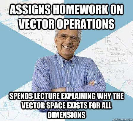 assigns homework on vector operations spends lecture explaining why the vector space exists for all dimensions  Engineering Professor