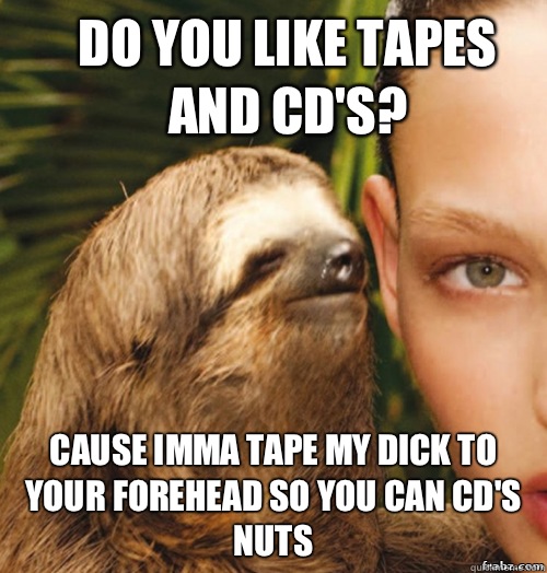 Do you like tapes and CD's? cause imma tape my dick to your forehead so you can CD's nuts  rape sloth