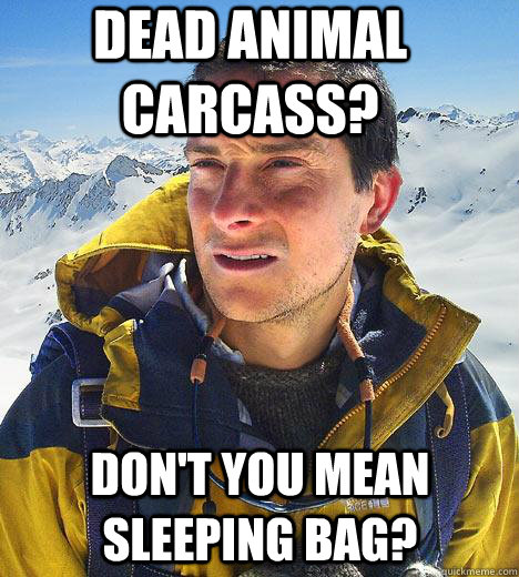 Dead animal carcass? Don't you mean sleeping bag?  Bear Grylls