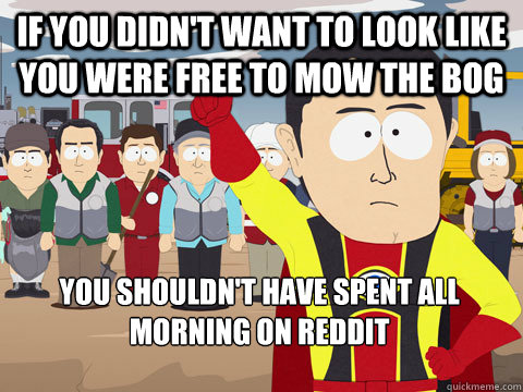 If you didn't want to look like you were free to mow the bog You shouldn't have spent all morning on Reddit  - If you didn't want to look like you were free to mow the bog You shouldn't have spent all morning on Reddit   Captain Hindsight