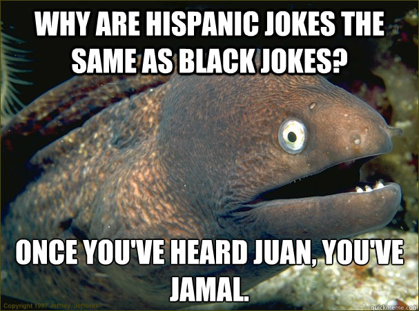 Why are Hispanic Jokes the same as Black Jokes? Once you've heard Juan, You've Jamal.  Bad Joke Eel