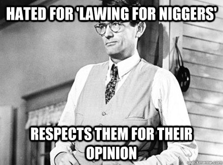 Hated for 'lawing for niggers' Respects them for their opinion  - Hated for 'lawing for niggers' Respects them for their opinion   Atticus Finch