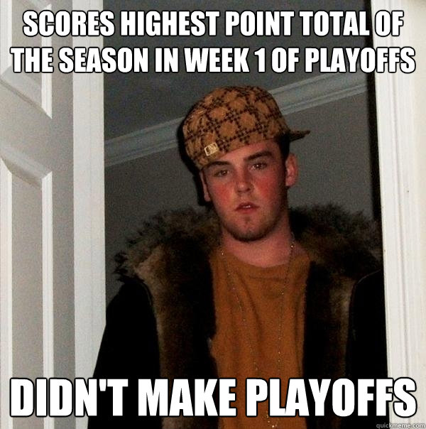 Scores Highest Point Total of the season in week 1 of playoffs Didn't make playoffs  Scumbag Steve