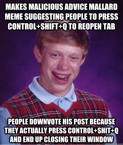 Makes Malicious Advice Mallard Meme suggesting people to press Control+Shift+Q to reopen tab people downvote his post because they actually press Control+Shit+Q and end up closing their window  Bad Luck Brian