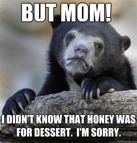 but mom! I didn't know that honey was for dessert.  I'm sorry. - but mom! I didn't know that honey was for dessert.  I'm sorry.  Confession Bear