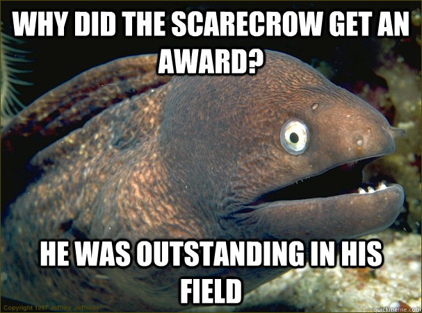 Why did the scarecrow get an award? He was outstanding in his field - Why did the scarecrow get an award? He was outstanding in his field  Bad Joke Eel