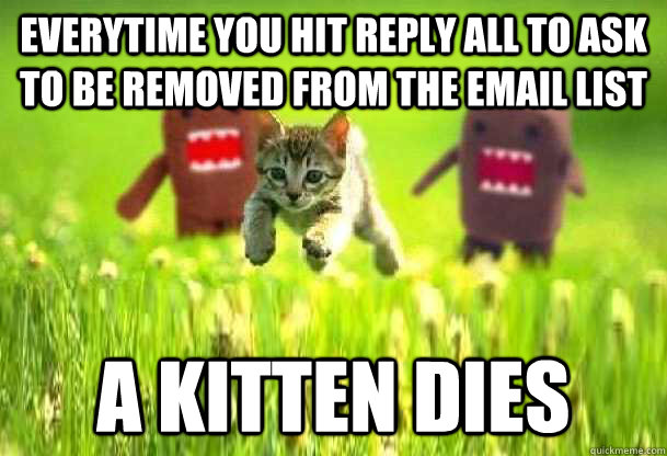 Everytime you hit Reply All to ask to be removed from the email list  A kitten dies  