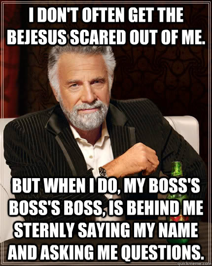 I don't often get the bejesus scared out of me. But when I do, my boss's boss's boss, is behind me sternly saying my name and asking me questions.  The Most Interesting Man In The World